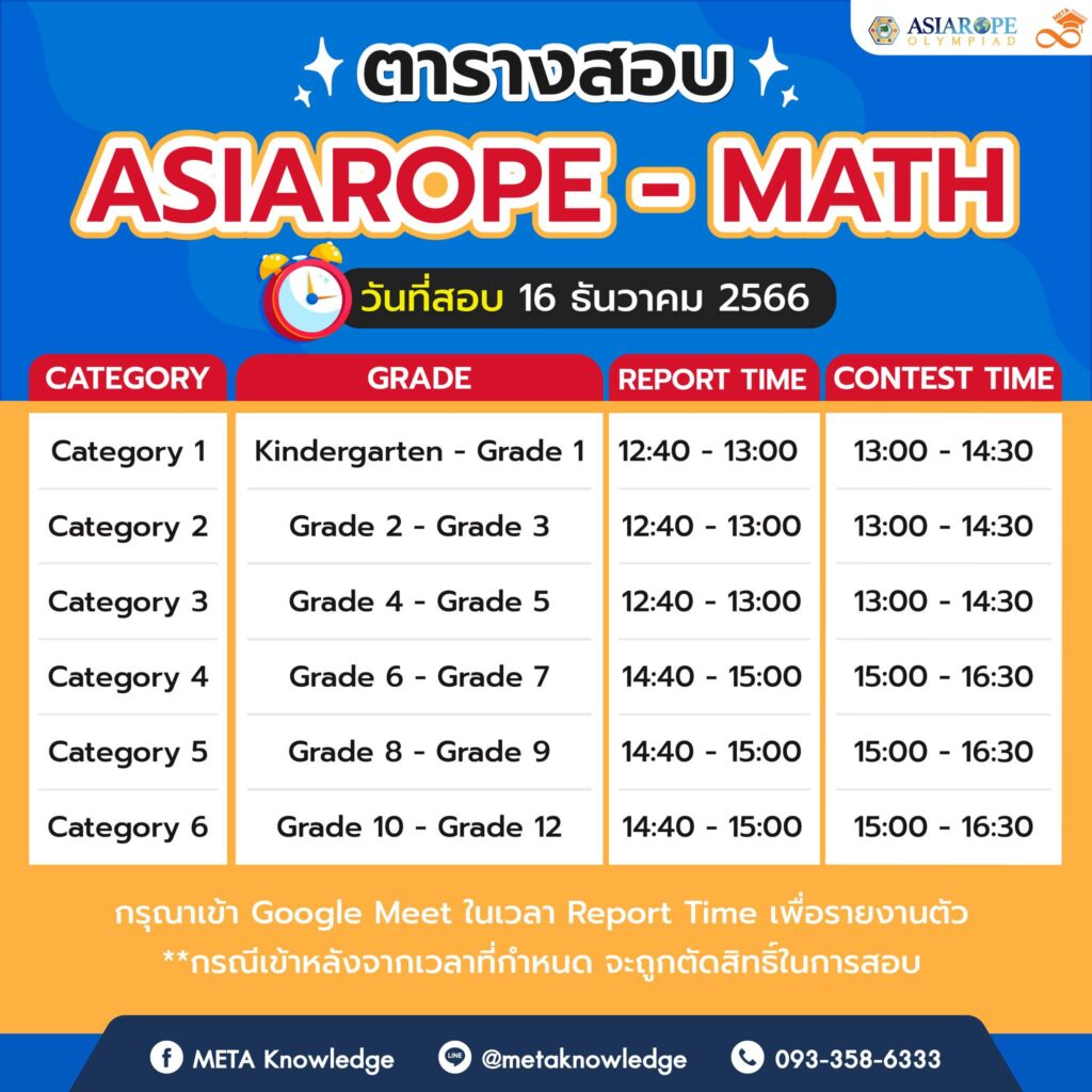 ตารางสอบ ASIAROPE MATH สอบแช่งขัน สอบวิชาการ